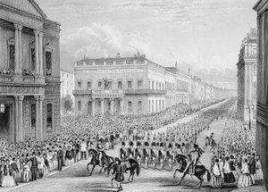 Kondukt pogrzebowy Wellingtona przechodzący przez Senior United Service Club, Pall Mall, Londyn, 1852 autorstwa Thomas Hosmer Shepherd