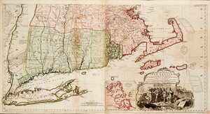 Mapa najbardziej zamieszkanej części Nowej Anglii, zawierająca prowincje Massachusetts Bay i New Hampshire wraz z koloniami Connecticut i Rhode Island.
