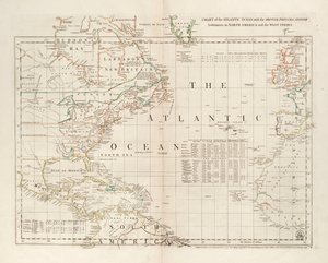 Mapa Oceanu Atlantyckiego z brytyjskimi, francuskimi i hiszpańskimi osadami w Ameryce Północnej i Indiach Zachodnich