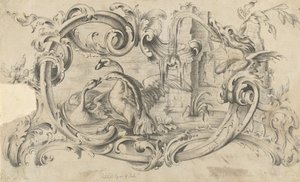 Projekt tabliczki na kawałek komina z dwoma walczącymi łabędziami, zamknięty w zwoju..., 1762.