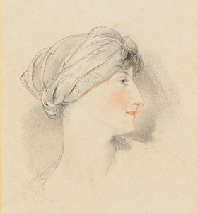 Portret głowy pani Jens Wolff, z profilu po prawej stronie, w turbanie (ołówek, czarno-czerwona kreda) autorstwa Thomas Lawrence
