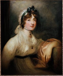 Portret Lady Milner Młoda dama ubrana w pierwszą empirową sukienkę i okryta krwawym ściśnięciem wstążką. Obraz Sir Thomasa Lawrence