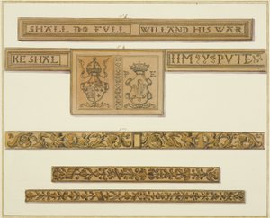 Rzeźbione fryzy i herby z ul. Baldwin 46 (akwarela na papierze) autorstwa Thomas Leeson the Elder Rowbotham