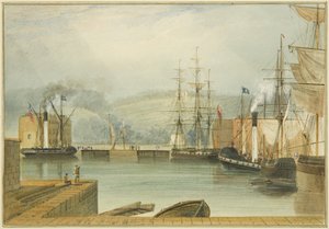 Cumberland Basin, z parowcami wiosłowymi „St. George” i „George IV” i „Hrabia Liverpoolu” autorstwa Thomas Leeson the Elder Rowbotham