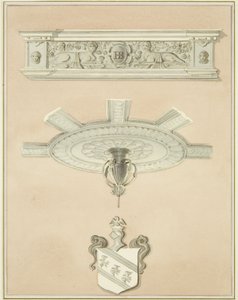 Szczegóły pomieszczenia w Bibliotece Prawnej, w tym centralny wisior na suficie i gzyms (ołówek i akwarela na papierze) autorstwa Thomas Leeson the Elder Rowbotham