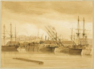 Eastern Wapping Dock, pokazujący barkę „Avon” na dybach autorstwa Thomas Leeson the Elder Rowbotham