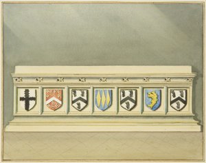 Łożyska heraldyczne na grobie Waltera Framptona w kościele św. Jana (akwarela na papierze) autorstwa Thomas Leeson the Elder Rowbotham