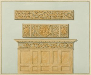 Części boazerii i fryz, w Langton Mansion, z tyłu (akwarela na papierze) autorstwa Thomas Leeson the Elder Rowbotham