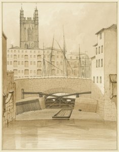 Kamienny most pokazany Floodgates (ołówek i akwarela na papierze) autorstwa Thomas Leeson the Elder Rowbotham