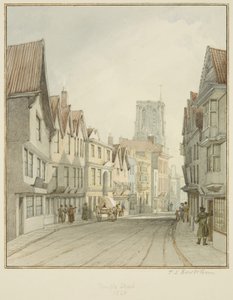 Temple Street, przedstawiająca wieżę Temple Church (akwarela na papierze) autorstwa Thomas Leeson the Elder Rowbotham