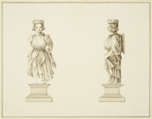 Dwa widoki rzeźbionej drewnianej figury w zakrystii kościoła św. Jana (ołówek i akwarela na papierze) autorstwa Thomas Leeson the Elder Rowbotham