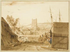 Widok ze składu drewna Acramana, Wapping, z widokiem na katedrę autorstwa Thomas Leeson the Elder Rowbotham