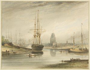 Widok patrząc w górę rzeki, wykonany z dołu Spacer po linie i Wapping, ok. 1804 r. autorstwa Thomas Leeson the Elder Rowbotham