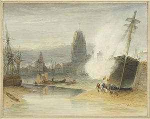 Widok na St Mary Redcliffe z pochylni Gibb przed utworzeniem Pływającego Portu, pokazujący również leprze dno statku autorstwa Thomas Leeson the Elder Rowbotham