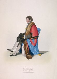 Radny Sir William Heygate, siedzący w stroju obywatelskim, pokazujący szatę i kapelusz, 1825