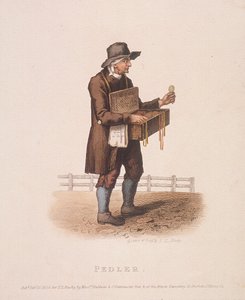 Pedlar z pudełkiem z towarami zawieszonym na szyi, 1820