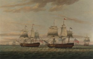 Indianin i dwupokładowy Hove, rzekomo Thomas Dumar, Esq. w HM Statek „Portland” dostarczający konwój z Wyspy Podwietrznej w 1776 r autorstwa Thomas Luny