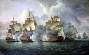 HMS "Mediator" angażujący francuskie i amerykańskie okręty autorstwa Thomas Luny