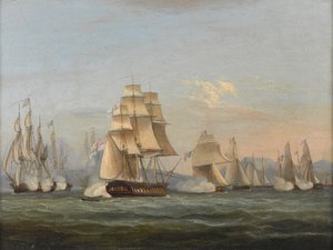 HMS Spartan & French Fregates: Początek akcji, 3 maja 1810 (Zatoka Neapolitańska) (olej na płótnie) autorstwa Thomas Luny