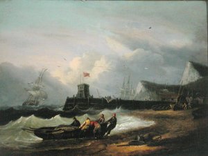 Ciągnięcie łodzi na brzeg przy porcie Dover autorstwa Thomas Luny