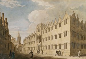 Oriel College w Oksfordzie z kościołem św. Marii w oddali,