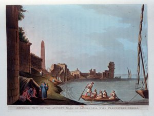 Zewnętrzny widok starożytnego muru Aleksandrii z igłą Kleopatry, 1802.