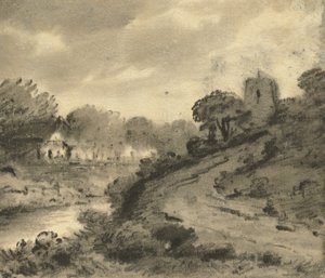 Zalesiony krajobraz rzeczny ze skałą na lewym pierwszym planie, ok. 1800