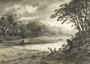 Scena nad jeziorem (węgiel i pył na papierze)