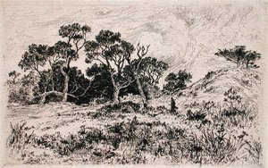 Południowy wiatr i bezchmurne niebo zapowiadają myśliwski poranek (akwaforta) autorstwa Thomas Moran