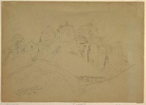 Rysunek przedstawiający rzekę Rio Virgin z dużymi formacjami skalnymi, 1873 r. autorstwa Thomas Moran