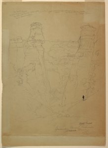 Rysunek, Skalne wieże w kanionie Muave [Muav], Kolorado, 1873 r. autorstwa Thomas Moran