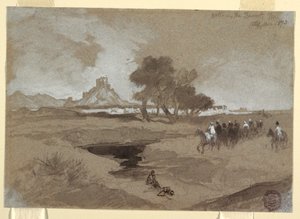 Rysunek, Wodopój na pustyni, Utah, 1873 r. autorstwa Thomas Moran
