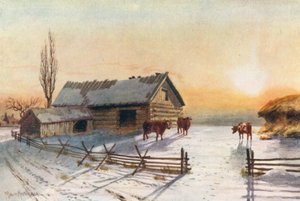 Back Country Farmyard, zima (kolorowa litografia)