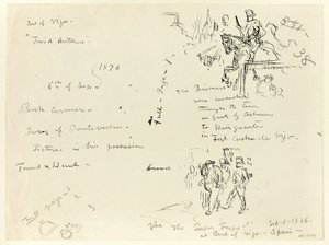 Arkusz szkiców: Żołnierz na koniu i żołnierz z szablą potępiający jeńca (recto); Arkusz szkiców (verso) autorstwa Thomas Nast