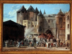 Place du Grand Chatelet na scenie paryskiej ulicy w czasie Rewolucji Francuskiej. Obraz Thomasa Naudeta (1778-1810)