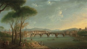 Widok na Arno we Florencji z Ogrodów Cascine, z postaciami łowiącymi ryby i spoczywającymi na skałach na pierwszym planie, Ponte alla Carità i Ponte Vecchio za nimi