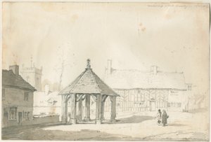 Abbots Bromley Tudor - Market Cross and House: rysunek ołówkiem i wash autorstwa Thomas Peploe Wood