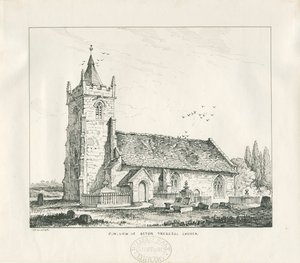 Kościół Acton Trussell : rysunek piórem i tuszem, 1838 autorstwa Thomas Peploe Wood