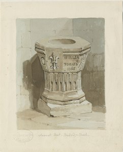 Czcionka w kościele w Penkridge: akwarela, ndc 1836] (malarstwo) autorstwa Thomas Peploe Wood
