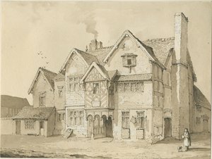 Stafford - [Old Houses in Crabbery Lane]: sepia i rysunek piórem autorstwa Thomas Peploe Wood