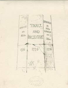Tixall - Kamienny filar pokazujący przebieg: rysunek piórem i tuszem, nd [połowa XIX wieku] (rysunek) autorstwa Thomas Peploe Wood