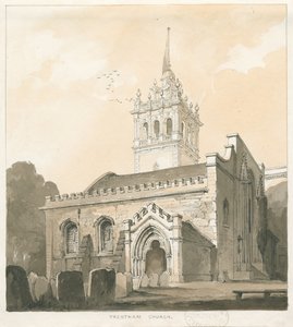 Kościół Trentham: rysunek w odcieniu sepii i żółci, nd [?1838] autorstwa Thomas Peploe Wood