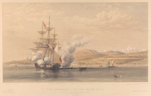 H.M.S. Highflyer Captn John Moore C.B. c. na kotwicy u wybrzeży Soukoum Kaleh-Abasia, Omar Pasha opuszczający statek, październik 1855 r.