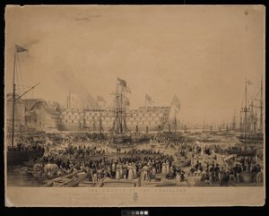 Wodowanie okrętu Trafalgar, w obecności Jej Najłaskawszej Wysokości Królowej Wiktorii i Jego Królewskiej Wysokości Księcia Alberta, w H.M. Dock Yard, Woolwich... autorstwa Thomas Picken