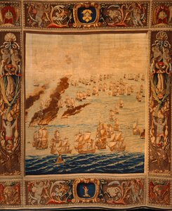 Gobelin z Mortlake: Fireships in Action, ok. 1685 (materiał) autorstwa Thomas Poyntz