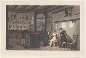 Sklep z butami i butami, z Poetical Sketches of Scarborough, 1813., 1813. Twórcy: Thomas Rowlandson, Joseph Constantine Stadler, J. Bluck.