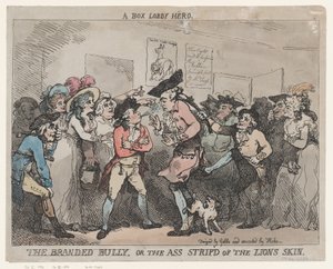 „Bohater z przedpokoju”, „Znany łobuz” albo „Osioł pozbawiony lwiej skóry”. autorstwa Thomas Rowlandson