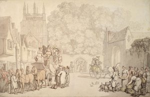 Trener przygotowujący się do wyjazdu z Canterbury Gate, Christ Church, Oxford, ok. 1810-15 autorstwa Thomas Rowlandson