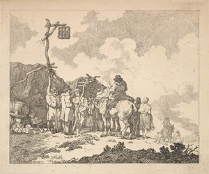 Jarmark - grupa Cyganów - mężczyźni i kobiety w rustykalnych strojach przed dwoma prowizorycznymi te..., 1786. autorstwa Thomas Rowlandson