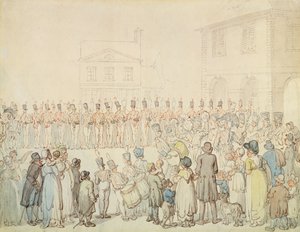 Przegląd milicji Northamptonshire w Brackley, Northants (pióro i atrament z akwarelą na papierze) autorstwa Thomas Rowlandson